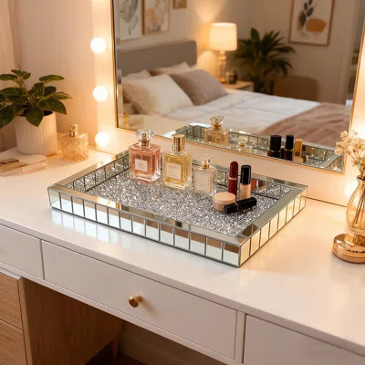 Rectangular Silver Mirrored Tray Glass Organizer With Crush Diamonds | Wayfair North America