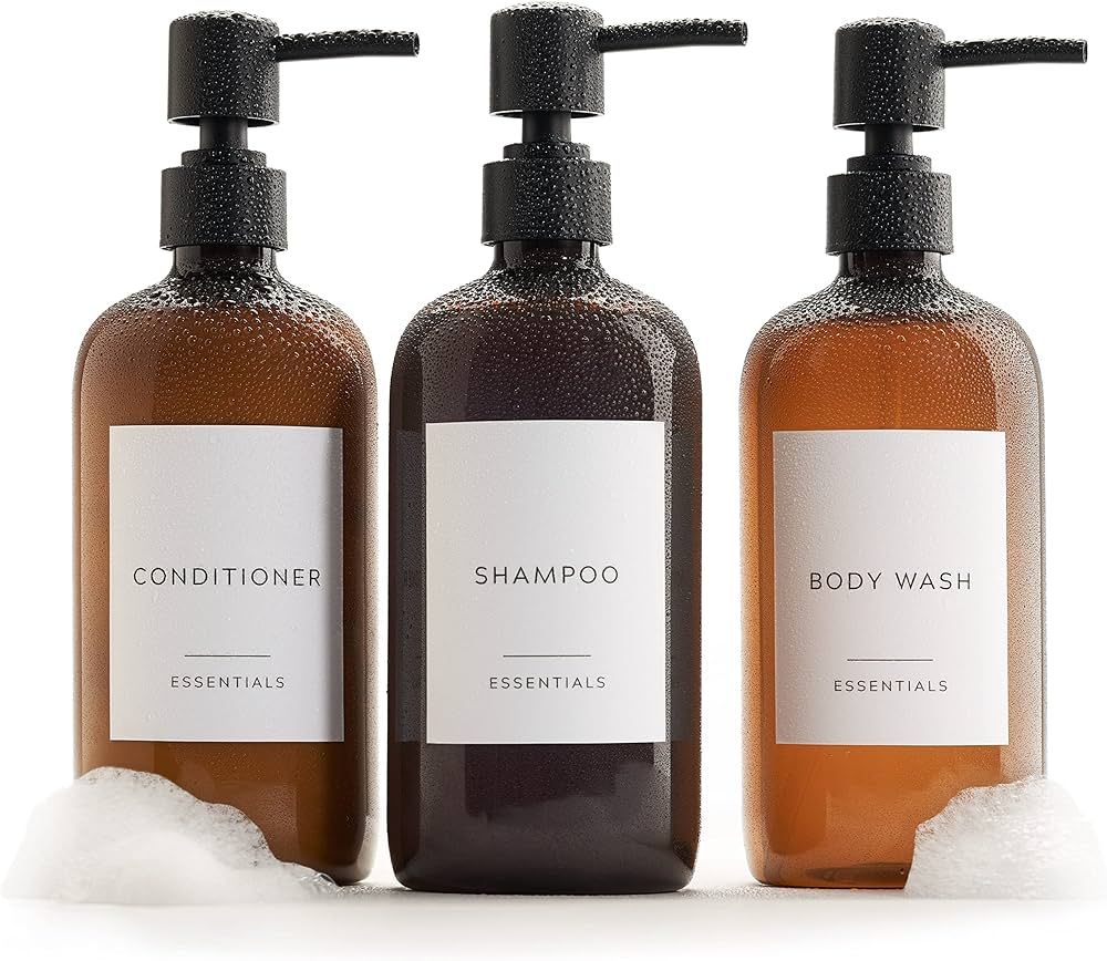 Stylish Shampoo and Conditioner Dispenser Set of 3 - Modern 21oz Shower Soap Bottles with Pump an... | Amazon (US)