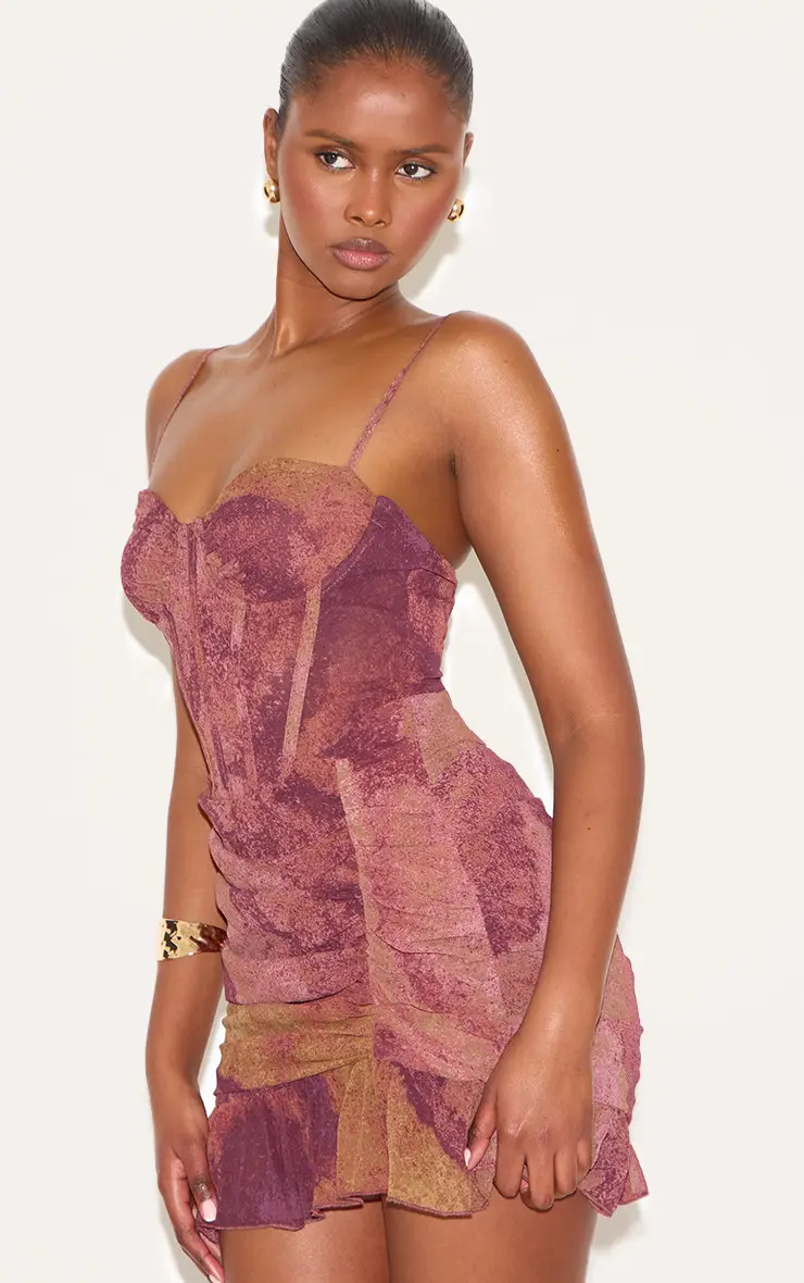 Dark Purple Floral Print Corset Frill Hem Bodycon Dress | PrettyLittleThing US