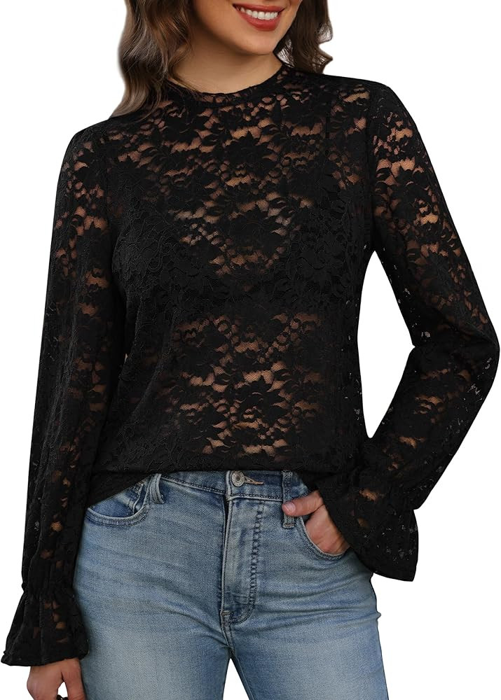 Womens Lace Long Sleeve Tops Dressy Casual Mock Neck Blouses Floral Elegant Sheer Shirts Date Nig... | Amazon (US)