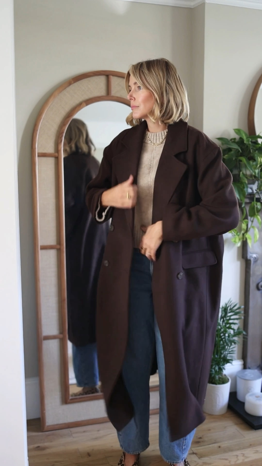 Brown coat, barrel jeans, wool scarf 

#LTKautumn #LTKuk #LTKwinter