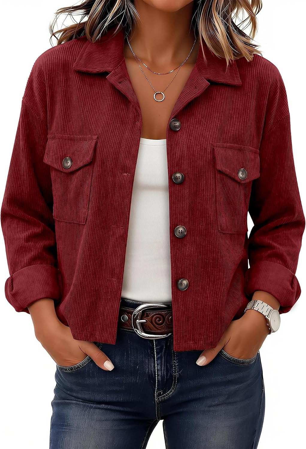 Womens Cropped Jacket Shacket Button Down Shirt Fall Winter Coat | Amazon (US)
