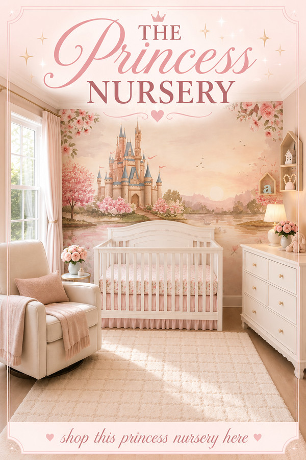 Create the ultimate princess nursery with a dreamy castle mural, elegant white crib, cozy glider chair, soft ivory rug, 