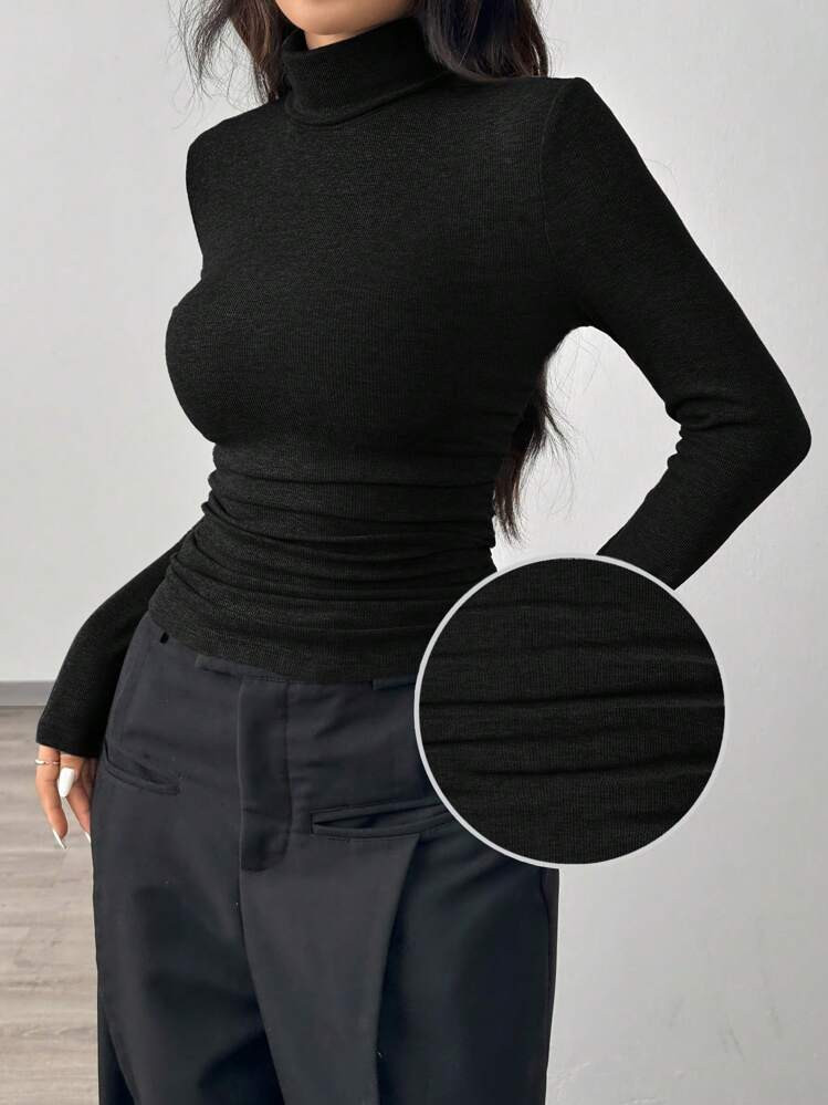 SHEIN EZwear Women Black Turtleneck Long Sleeve Knitted Slim Fit T-Shirt, Casual For Autumn | SHEIN