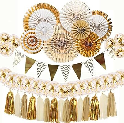 Gold and White Party Decorations 8 Pcs Paper Fan Flowers 20 Pcs Confetti Balloons Pennant Banner ... | Amazon (US)
