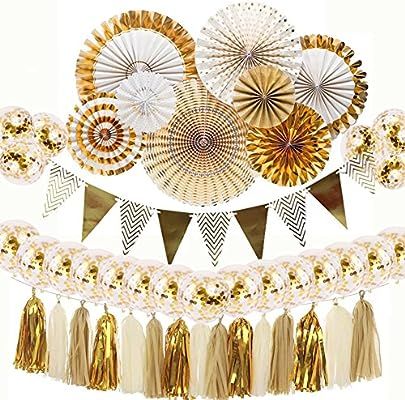 Gold and White Party Decorations 8 Pcs Paper Fan Flowers 20 Pcs Confetti Balloons Pennant Banner ... | Amazon (US)