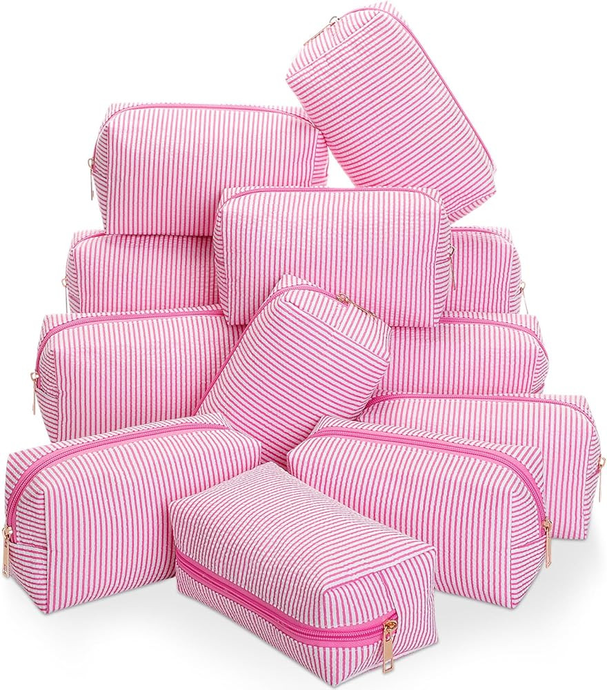 Sanwuta 12 Pcs Seersucker Cosmetic Bags Bulk Seersucker Makeup Bags Stripe Women Pouch Large Prep... | Amazon (US)