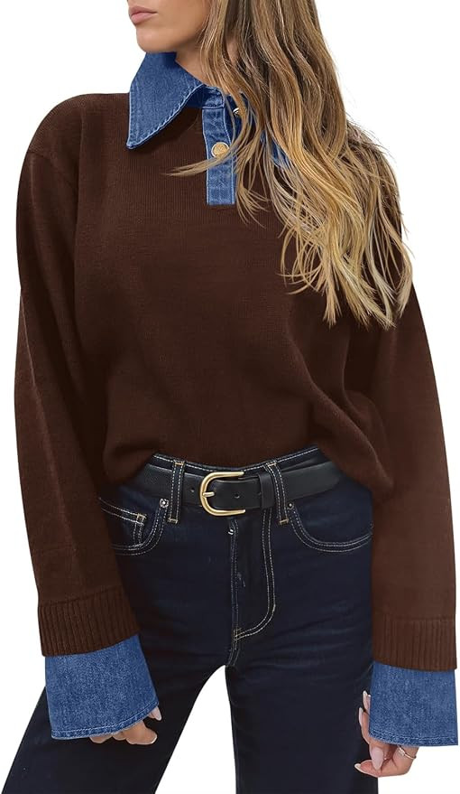 Saodimallsu Womens Denim Patchwork Sweaters V Neck Polo Pullover Tops | Amazon (US)