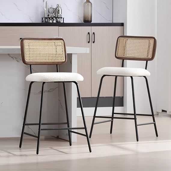 Rattan Counter Height Bar Stools, 26'' Modern Boucle Counter Stools with Cane Back, Wicker Counte... | Amazon (US)