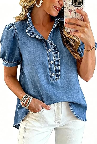 utcoco Denim Shirt Women Y2k Ruffle Denim Top Button Down Jean Shirt 2026 Summer Puff Short Sleev... | Amazon (US)