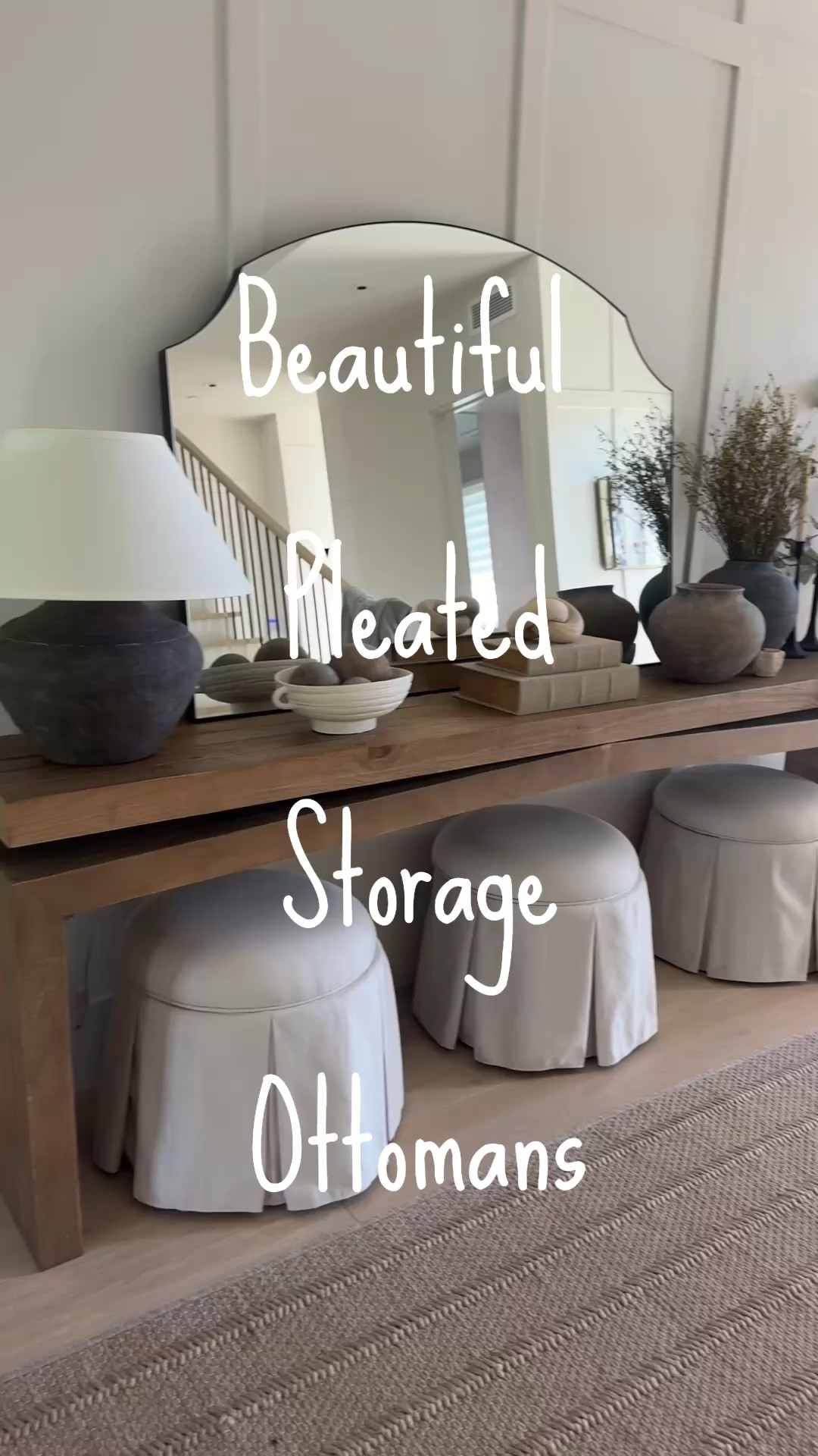 Edit - target doesn’t always deliver them depending on where you live so you can purchase online and then pick up at your local store to make sure they hold them for you. 

￼I really wanted round, pleated, storage Ottomans, and these ones that I found at target are perfect. I love how this console area came out in our front entryway. I’ll link everything we use to create this look. ￼