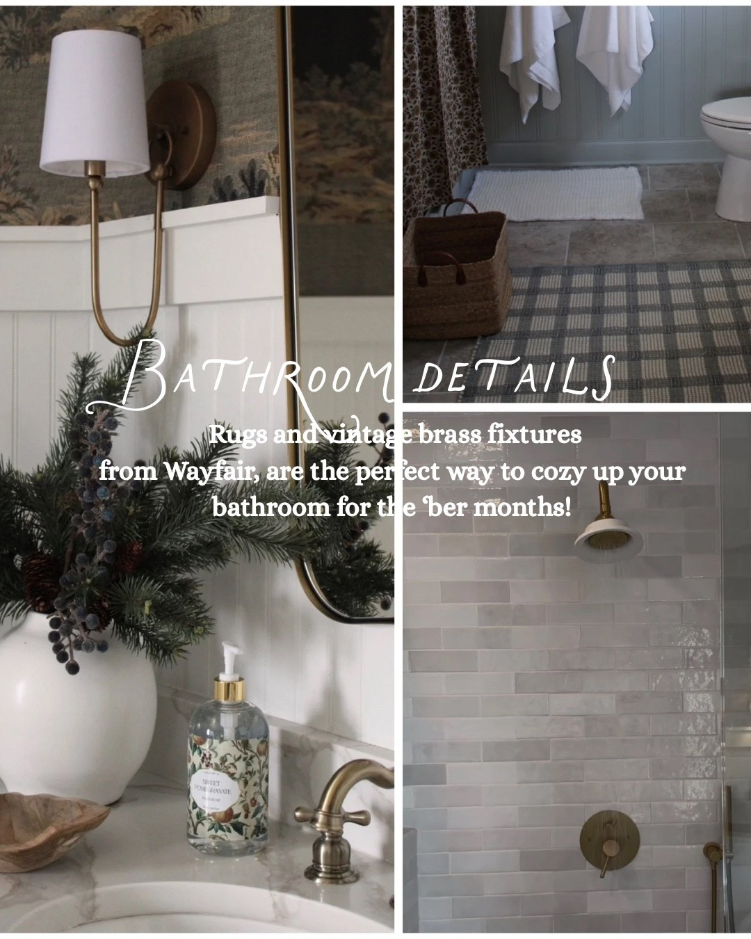 #ad rugs and vintage brass faucets and sconces are a great way to add timeless charm to your bathroom. Check out all of mine from @Wayfair 
#wayfair
#wayfairpartner

#LTKHome