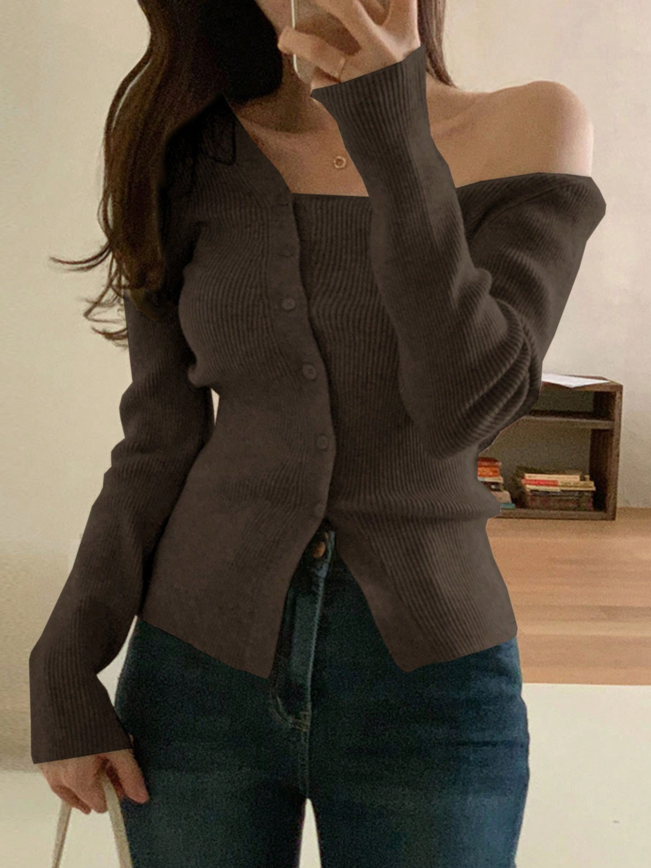 DAZY Women's Solid Color Asymmetrical Shoulder Fitted Elegant Sweater | SHEIN