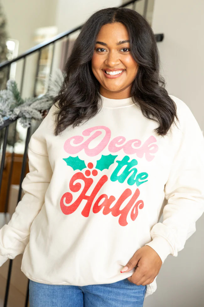 Deck The Halls Cream Graphic Sweatshirt | Pink Lily
