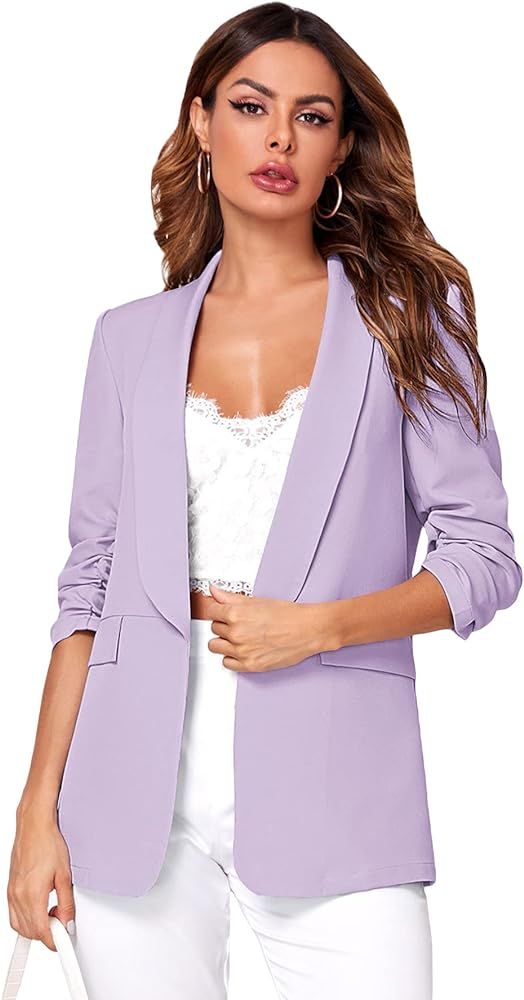 WDIRARA Women's Open Front Ruched Half Sleeve Blazer Elegant Office Work Jacket | Amazon (US)
