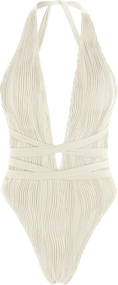 ZAFUL Women's One Piece Swimsuit Deep V Neck Ribbed Self Tie Sexy High Cut Bathing Suit Crisscros... | Amazon (US)