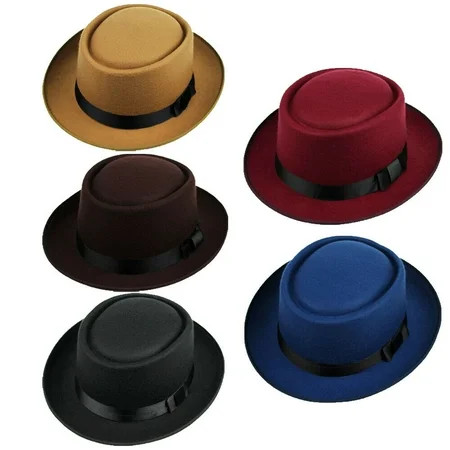 woshilaocai Mens Wide Brim Boater Flat Top Pork Pie Hat Gentleman Cap | Walmart (US)