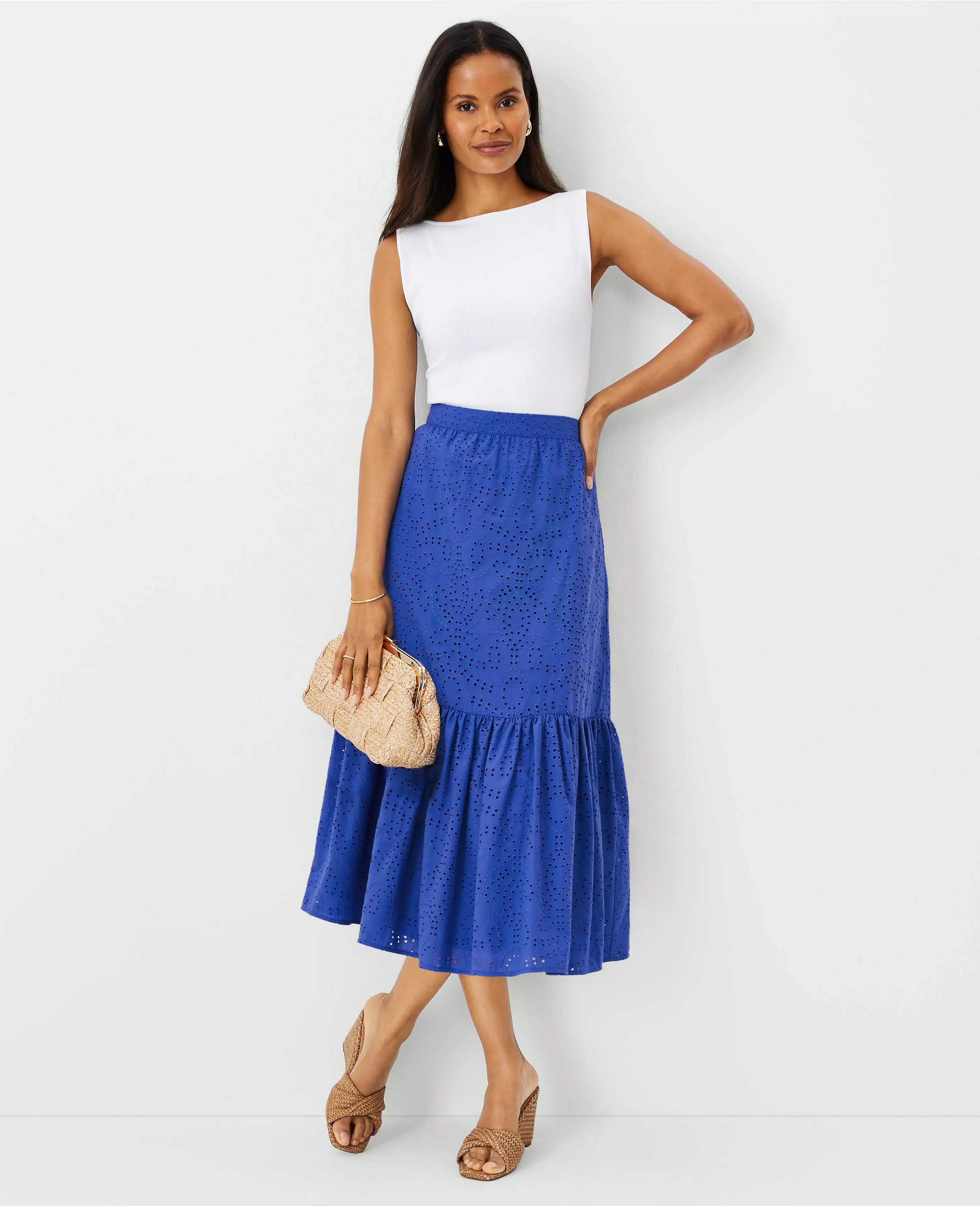 Eyelet Gathered Flounce Midi Skirt | Ann Taylor (US)