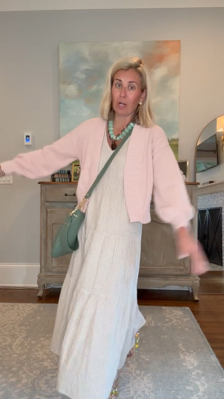 Oh wow I love this dress! It’s the perfect throw on and go dress. I’m in xs dress & cardigan and 7 bling sandal (size 1 down).

#LTKootd #LTKmomlife #LTKOver40