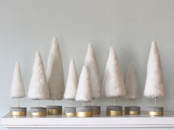 Felted Mini Trees Snowy White & Gold, Winter Mantel, Bottle Brush Tree Style, Farmhouse Christmas... | Etsy (US)