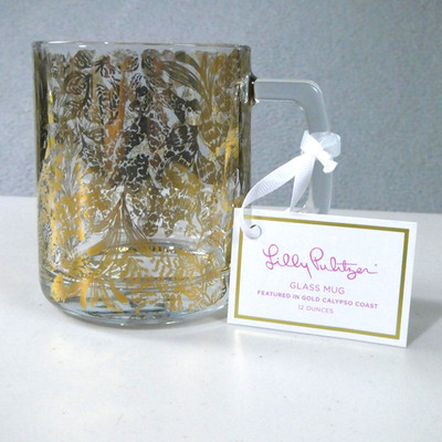 Lilly Pulitzer Paper Source Glass Mug NWT 12oz Gold Calypso Coast Floral Coffee | eBay US