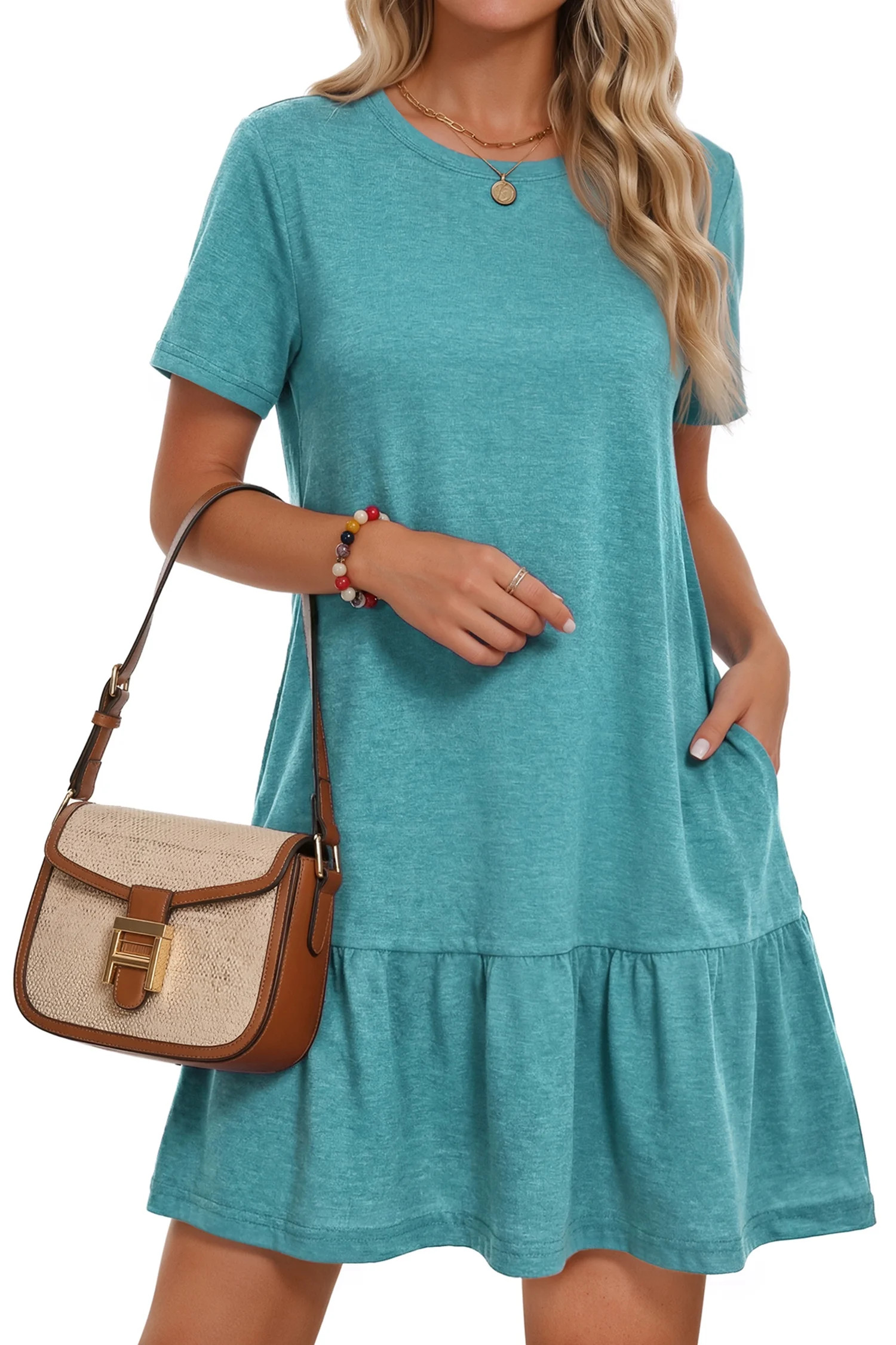 MOSHU Crew Neck Dresses for Women Short Sleeve Women Dresses Casual Swing Babydoll Midi Dress wit... | Walmart (US)