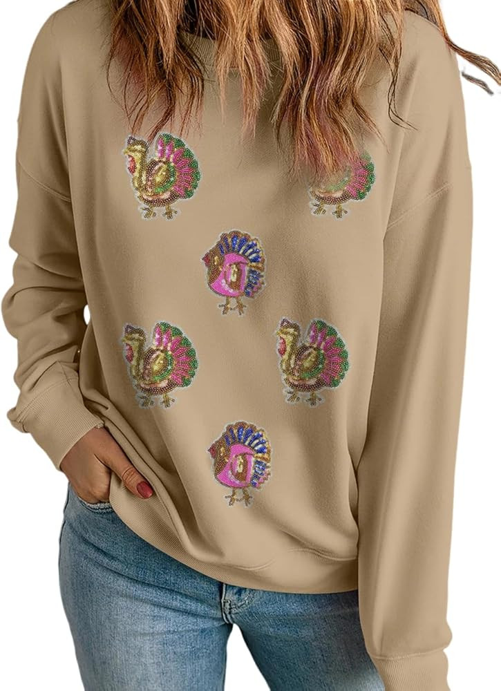Ecosunny Women's Casual Holiday Game Day Sweatshirt Sequin Print Round Neck Long Sleeve Loose Pul... | Amazon (US)