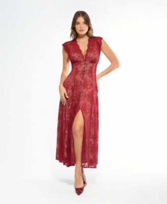 Women's Shapewear Boho Floral Lace Front Slit Maxi Dress | Macy's