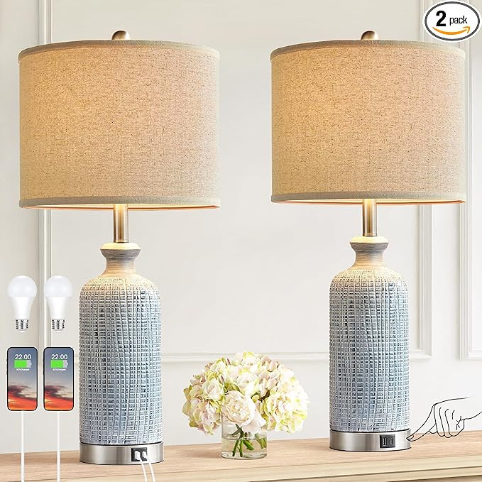 Living Room Lamps Set of 2, 27" Touch Lamps for Nightstand with USB A+C Ports, Modern Farmhouse T... | Amazon (US)