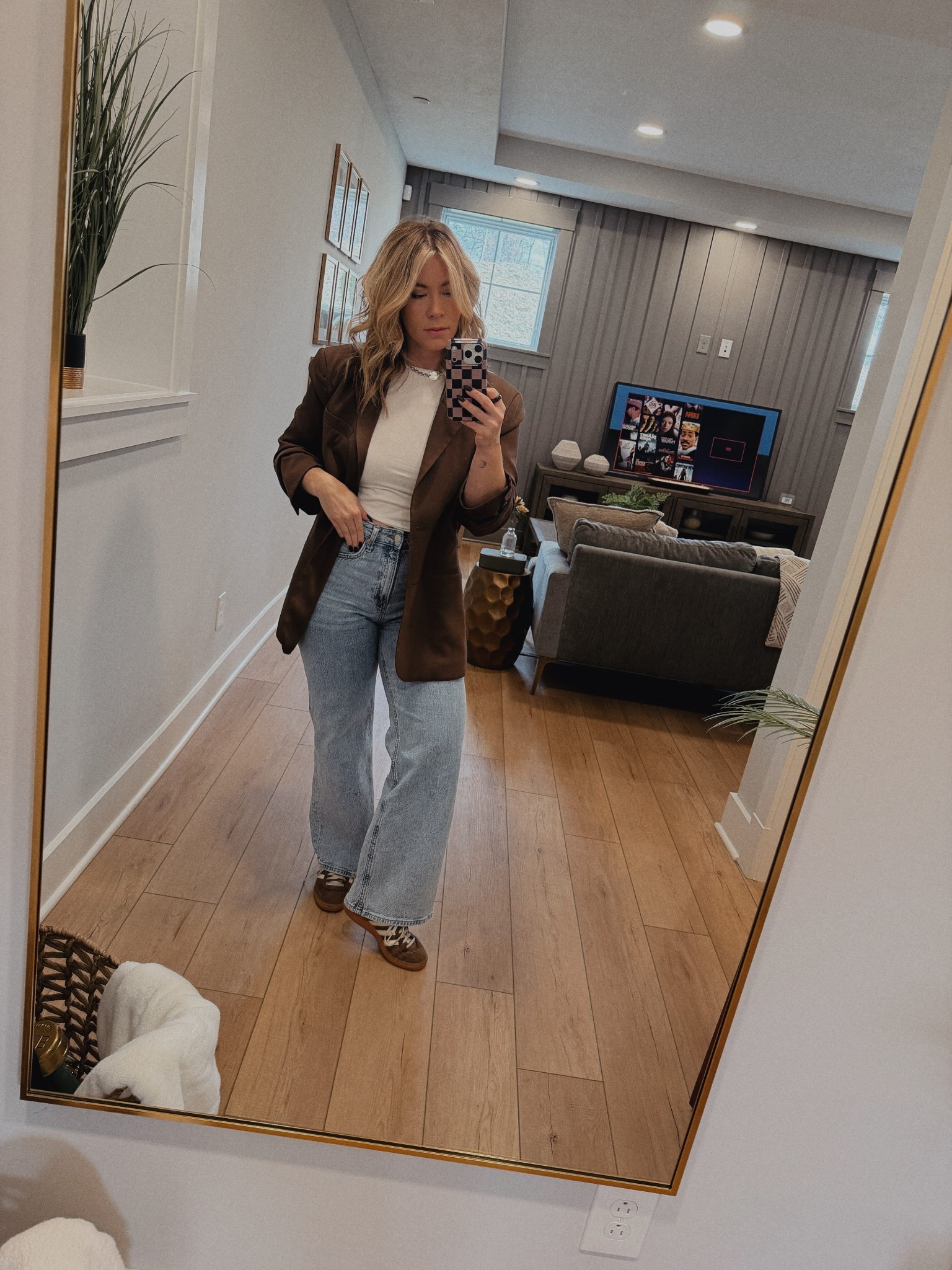 Casual work day! Oversized Zara blazer in chocolate, wide leg jeans under $40 and teddy bear adidas 