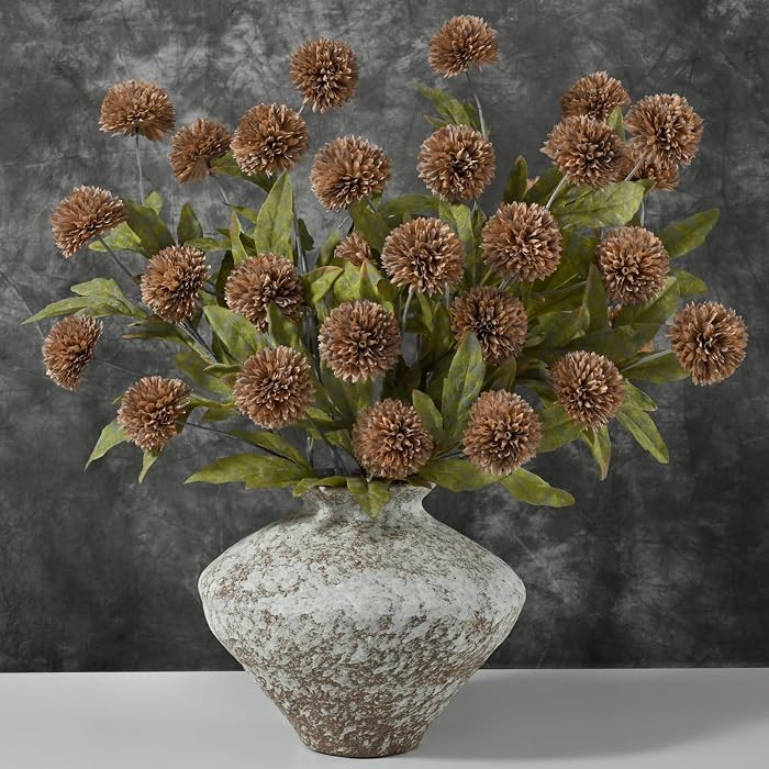 6 Pcs Artificial Pompon Mums Faux Flowers for Vase, 27" Bulk Long Floral Fake Chrysanth Branches with Stems Vase Filler for DIY Bouquet Centerpieces, Indoor Home Decorations, No vase, Brown | Amazon (US)