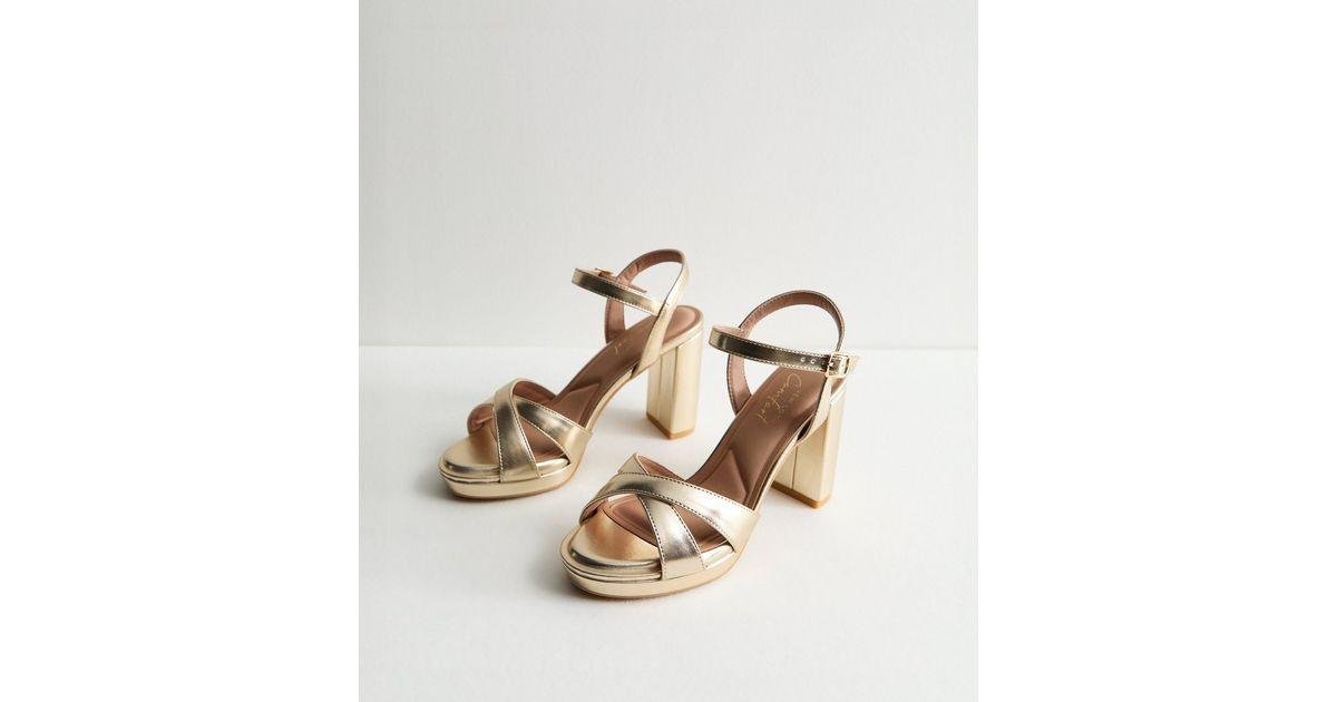 Gold Metallic 2 Part Block Heel Sandals | New Look | New Look (UK)