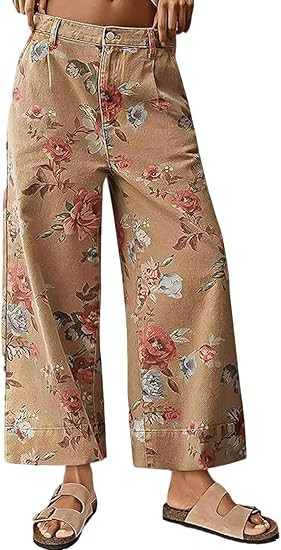 loveimgs Women Mid Rise Cropped Wide Leg Jeans Baggy Floral Ankle Pants Denim Capris Flare Print ... | Amazon (US)