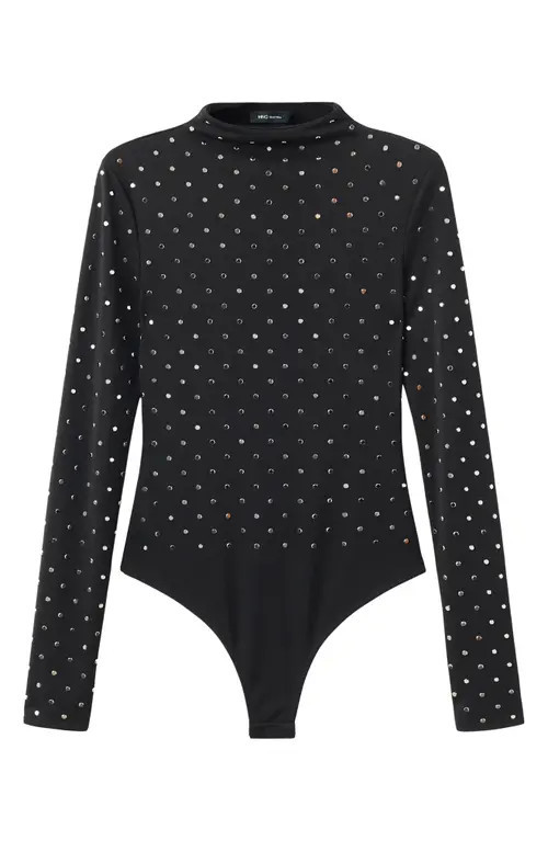 MANGO Selection Crystal Embellished Long Sleeve Bodysuit in Black at Nordstrom, Size Large | Nordstrom