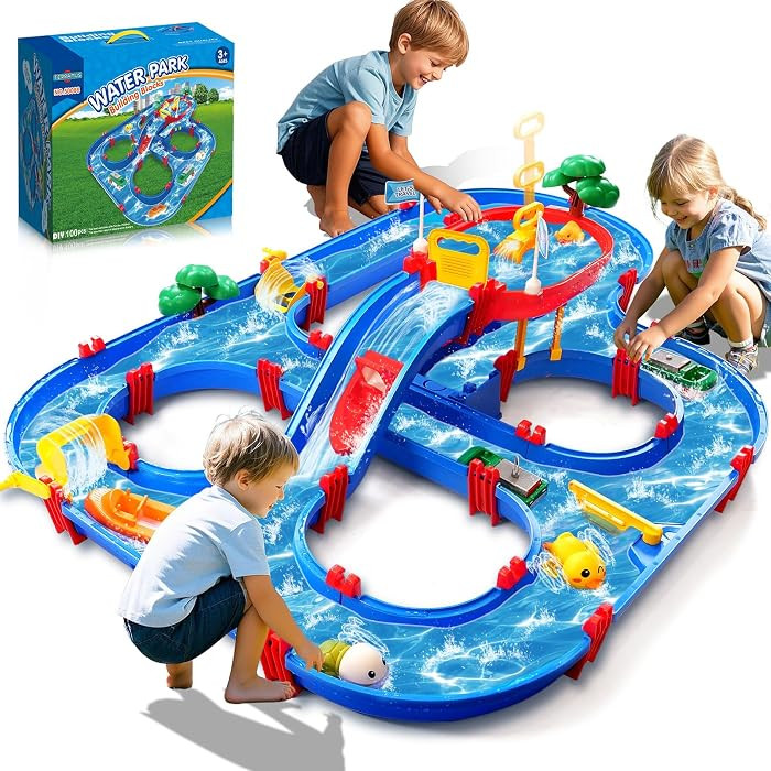Double-Tier Kids Water Table Toys, 100PCS Water Park Playset with Pump, DIY Toddler Waterways, Su... | Amazon (US)