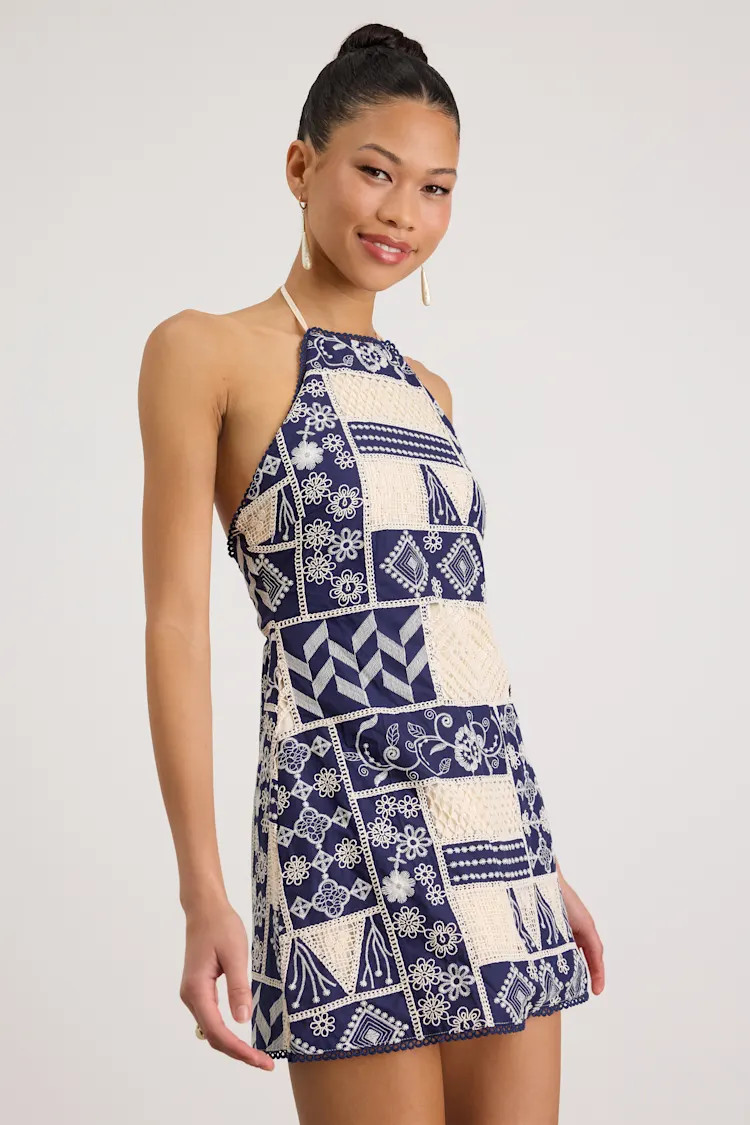 Daisy Navy and Cream Embroidered Halter Mini Dress | Lulus