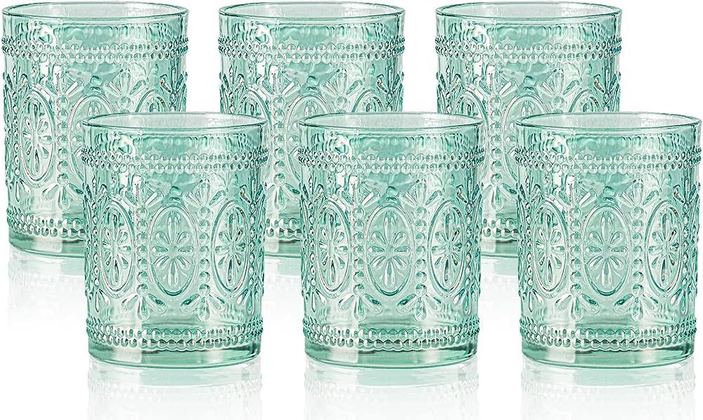 6 Pack Green Vintage Glassware Set, 10oz Textured Embossed Drinking Glasses, Colored Water Glasse... | Amazon (US)