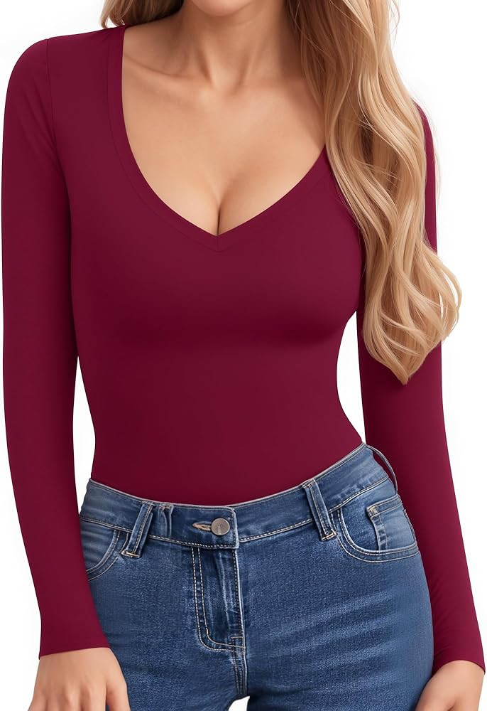 CLOZOZ V Neck Tops Sexy Shirts for Women Fitted Tight T Shirts Basic Tee | Amazon (US)