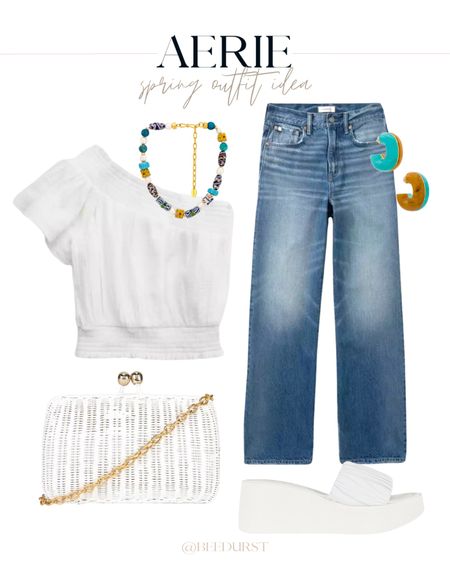 Spring outfit idea from Aerie, Aerie outfit idea, spring outfit idea, casual outfit idea, one shoulder top, white top, spring top, flare jeans, wide leg jeans, rattan purse, raffia purse, wedge sandals, beaded necklaces, trendy jewelry 

#LTKitbag #LTKshoecrush #LTKSeasonal