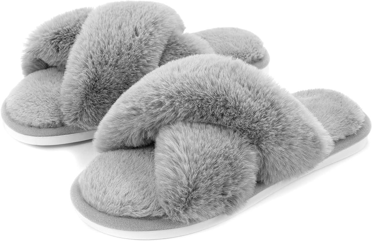 Metog Women's Fuzzy Slippers House Slippers Cross Band Slippers Indoor Outdoor Soft Open Toe Slipper | Amazon (US)