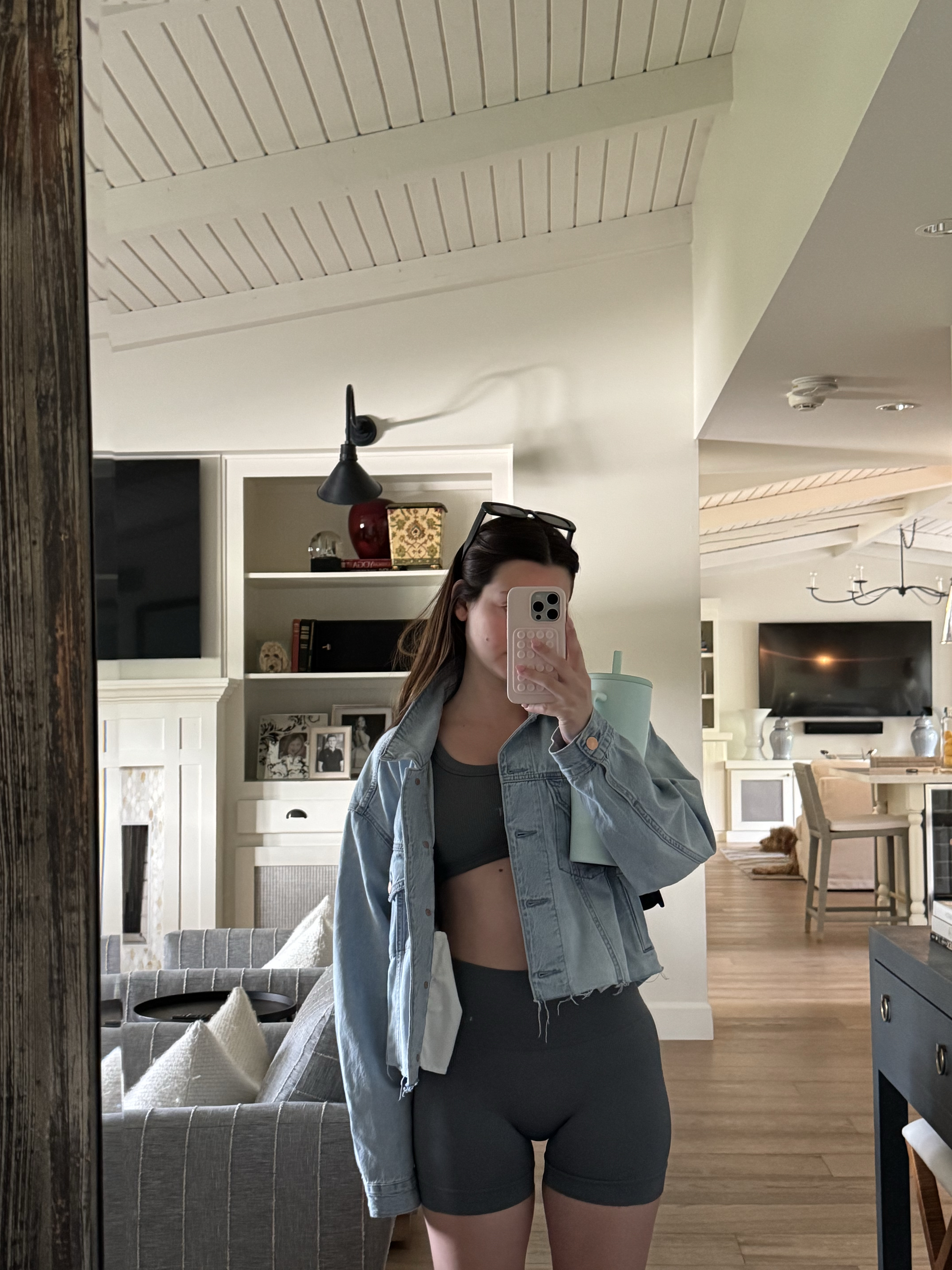 Set active workout set and American eagle cropped jean jacket. Spring casual fashion. Spring outfit ideas. 

#LTKPetite #LTKStyleTip #LTKActive