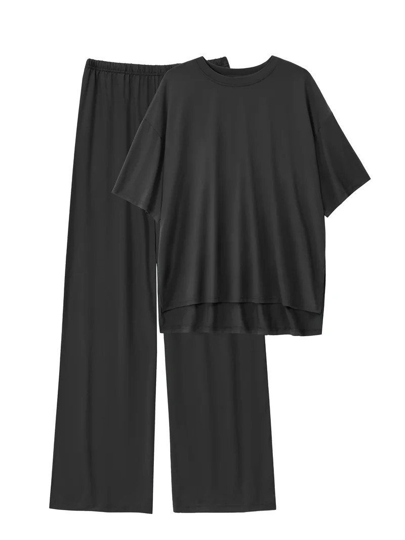 MINTREUS Lounge Sets for Women Knit Short Sleeve Tops and Long Pants Soft Comfy Pajamas Set Overs... | Walmart (US)