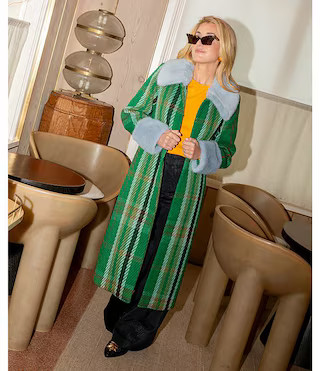 x The Nat Note Patsy Textured Plaid Tweed Peter Pan Faux Fur Collar Trench Coat | Dillard's