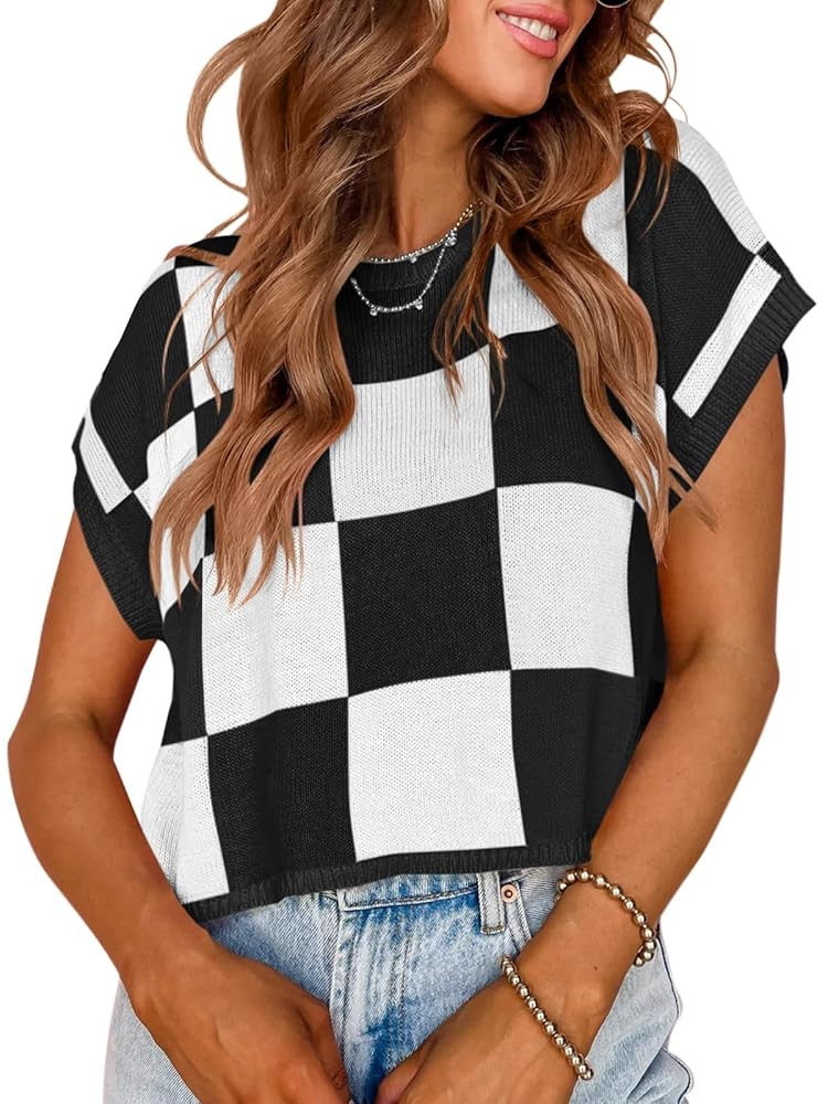 Saodimallsu Womens Cap Sleeve Crop Tops Summer Color Block Going Out Crew Neck Knit Trendy Casual... | Amazon (US)