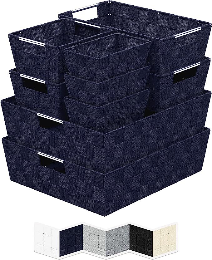 Woven Storage Baskets For Organizing - Set Of 9 Fabric Empty Organizer Bins With Handles - Great ... | Amazon (US)
