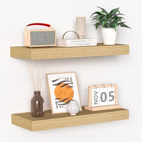 Fun Memories Floating Shelves - 16 Inch Wall Shelf for Decor & Storage - Wall Mounted Display Shelving with Invisible Heavy Duty Metal Bracket 2Pack, Oak | Amazon (US)