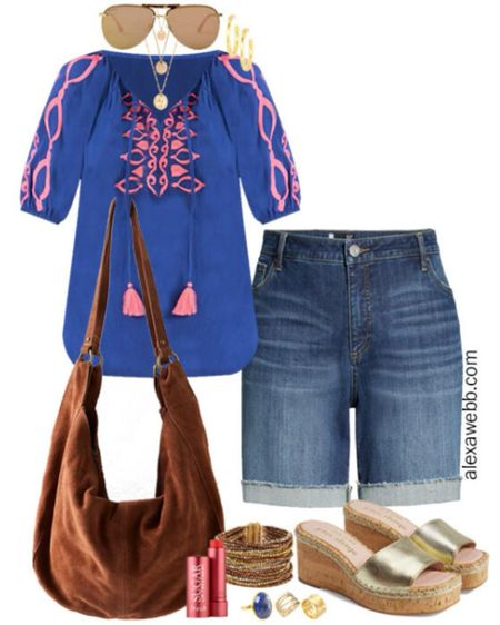 Plus Size Peasant Top Summer Outfit - A plus size boho outfit for summer with an embroidered peasant blouse, denim shorts, and gold sandals. Alexa Webb

#LTKSeasonal #LTKPlusSize #LTKStyleTip
