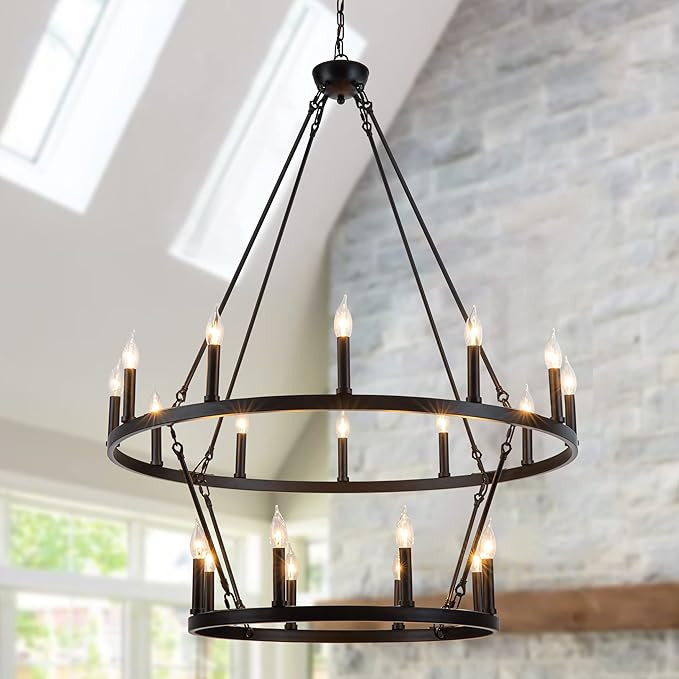 Black Wagon Wheel Chandelier 2 Tier 20-Light Large Farmhouse Chandelier, Round Rustic Lighting, F... | Amazon (US)