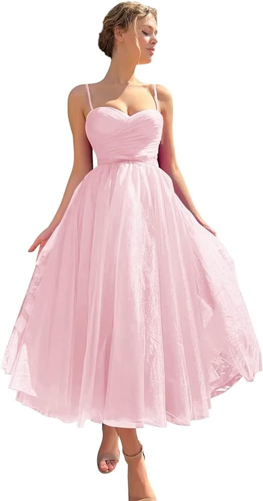 Mirapang Spaghetti Straps Tulle Sweetheart Prom Dresses with Pockets Tea Length Formal Evening Go... | Amazon (US)