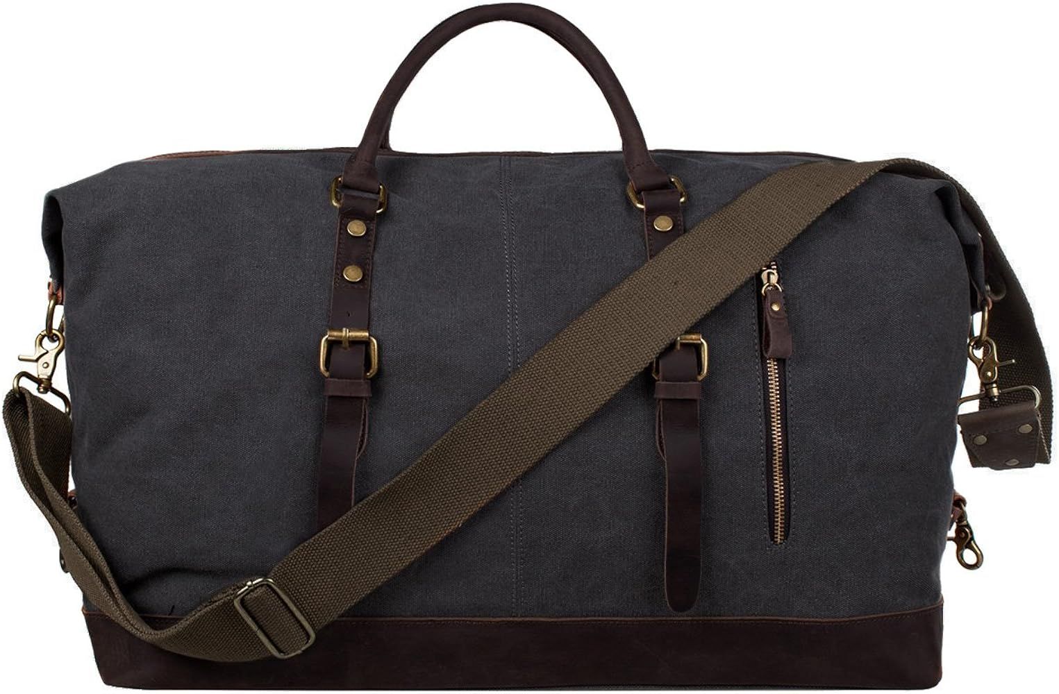 S-ZONE Oversized Canvas Genuine Leather Trim Travel Tote Duffel Shoulder Weekend Bag Weekender Overn | Amazon (US)